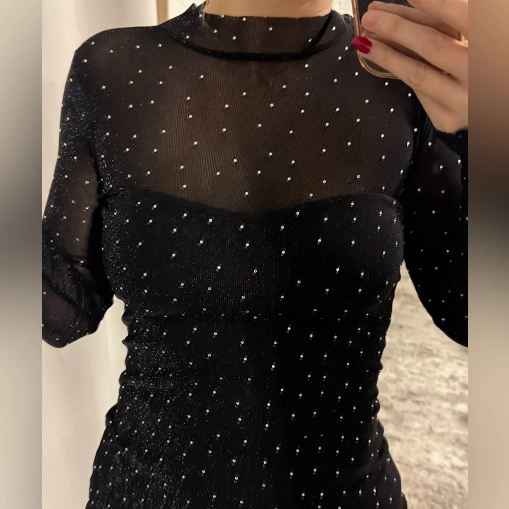 Elegant Black Sheer Bodycon Rhinestone Sparkle Party NYE Holiday Birthday Dress - Picture 4 of 8